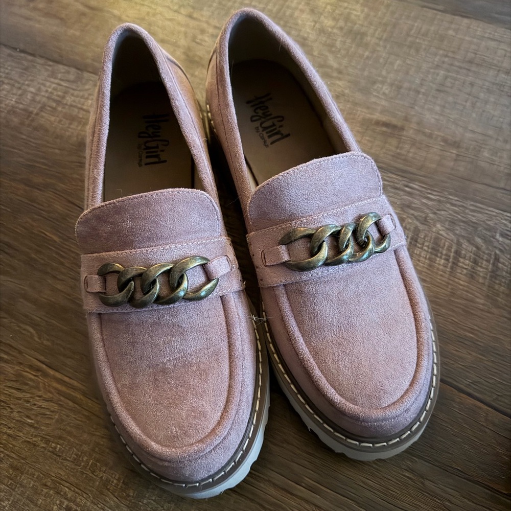 Hey Girl Pink Suede Loafers with Chain Detail